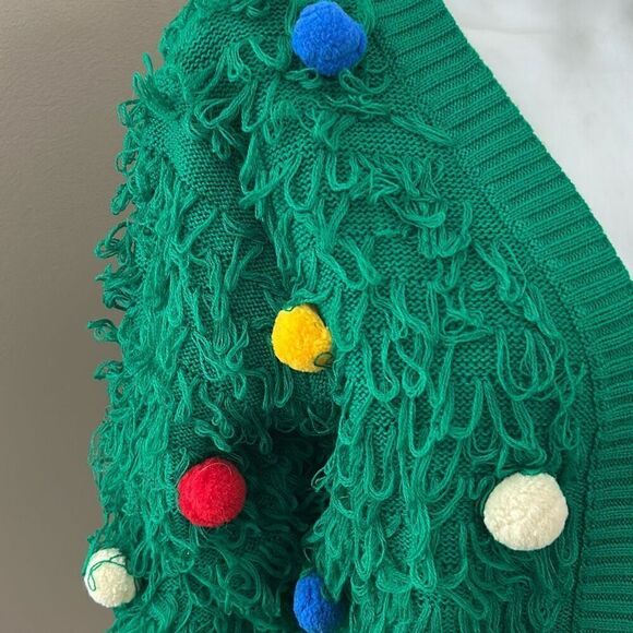 Mighty Fine Green Christmas Cardigan Sweater with loops and Pom poms - Picture 2 of 9